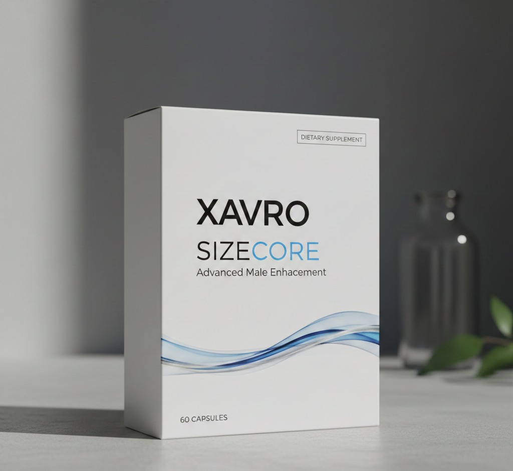 Sizecore természetes férfi potencia növelő kiegészítő fényes fehér dobozban, elegáns kék és ezüst címkével, modern orvosi designnal, stúdiófényben fotózva, professzionális termékkép realisztikus stílusban
